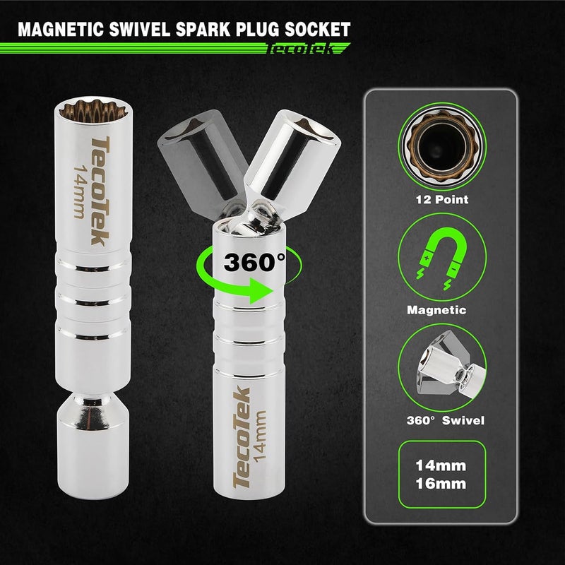 TecoTek 11Pcs 3/8" Drive Spark Plug Socket Set with Click Torque Wrench, Spark Plug Gapper, Universal Joint, Extension Bar, 9/16", 5/8", 3/4", 13/16", 14, 16 and 18mm, CR-V Sockets with Rubber Rings - Image 3
